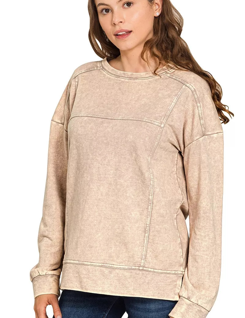 Zenana Acid Wash French Terry Exposed-Seam Pullover on Simply Obsessed