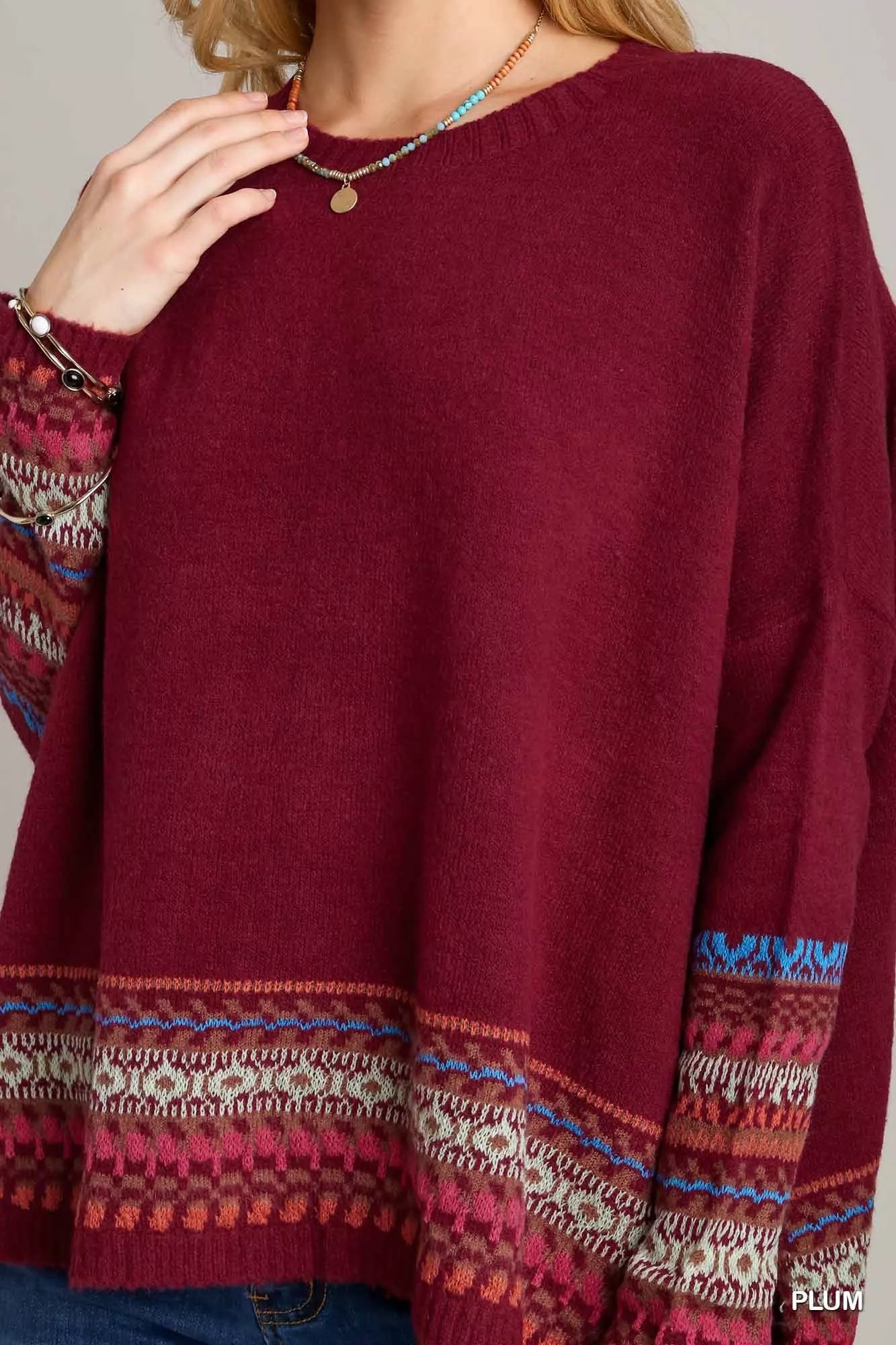 UMGEE Long Sleeve Round Neck Knit Top with Side Slits and Stitch Detail on Simply Obsessed