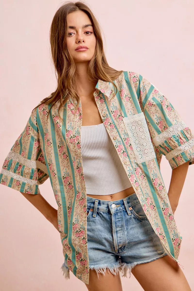 BIBI Eyelet Lace And Floral Mix And Match Shirt Top on Simply Obsessed