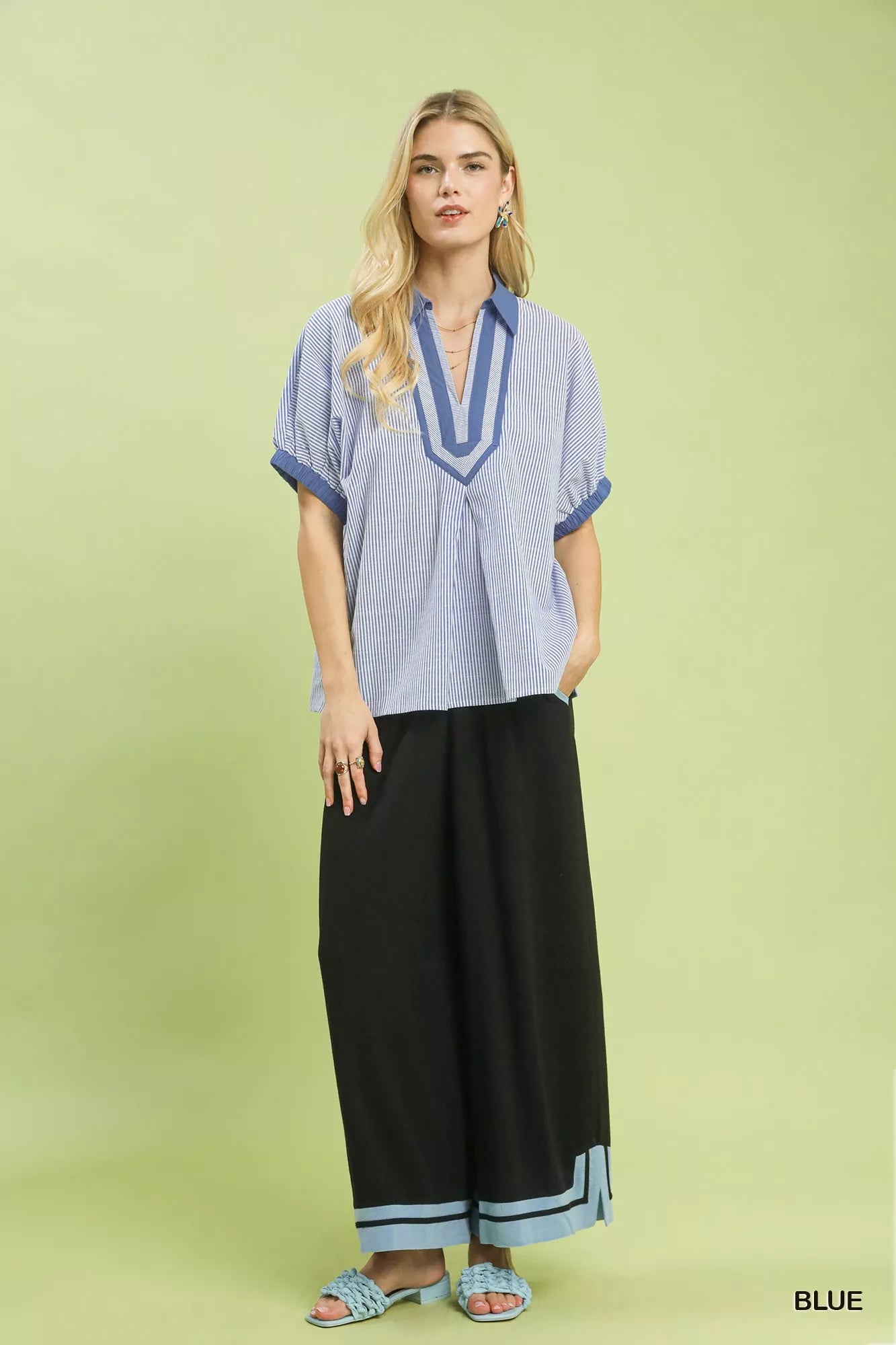 UMGEE Contrast Trim Popover Stripe Top on Simply Obsessed