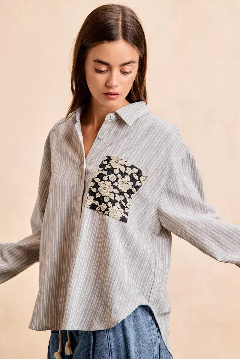 BiBi Flower Jacquard Knit Patch Pocket Stripe Shirt on Simply Obsessed