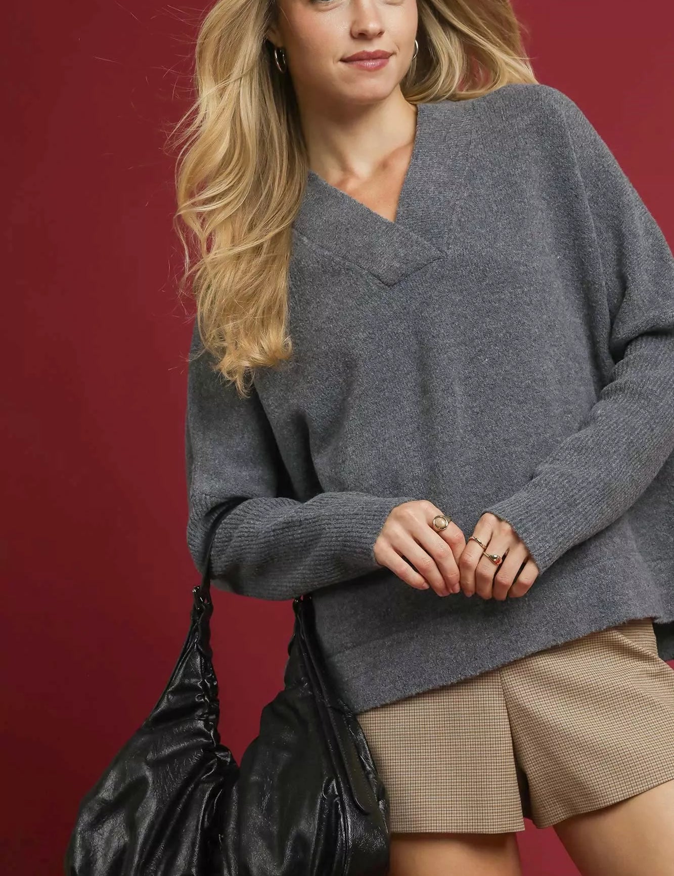Umgee V-Neck Sweater with Wide Trim Detail on Simply Obsessed