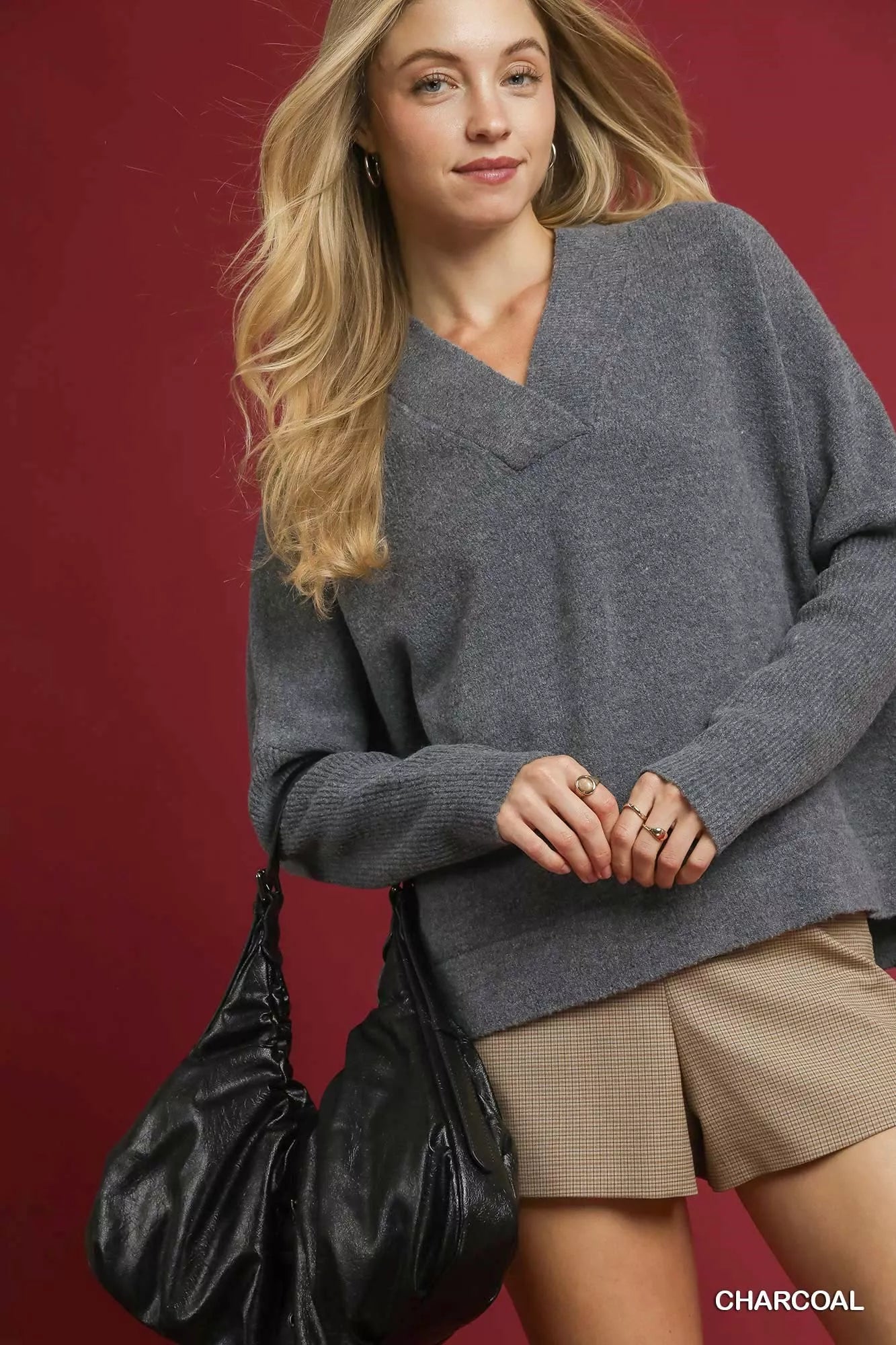 Umgee V-Neck Sweater with Wide Trim Detail on Simply Obsessed