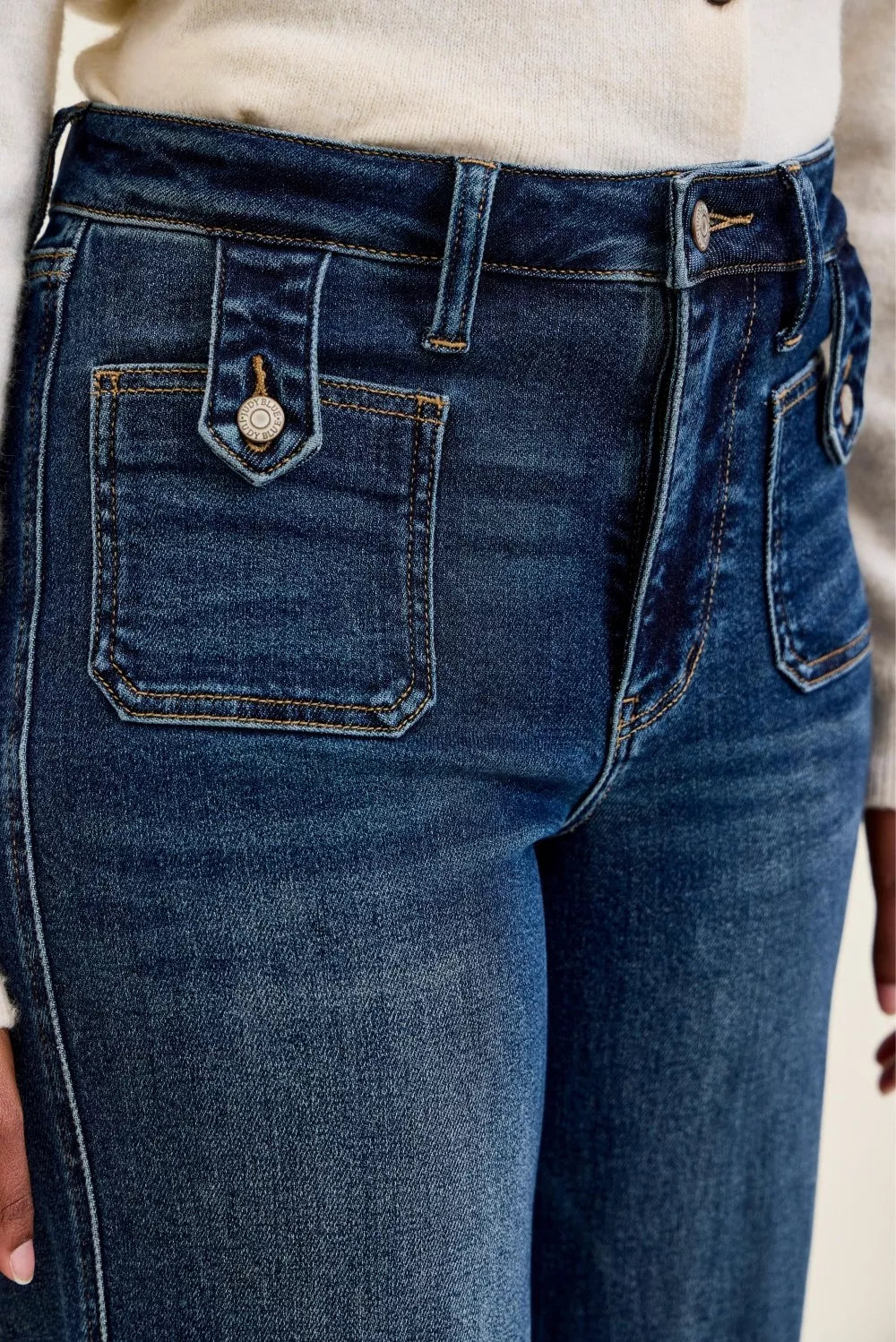 JUDY BLUE High Waist "lux" Retro Wide Jeans with Front Patch Tab Closure Dk Fade Indigo on Simply Obsessed