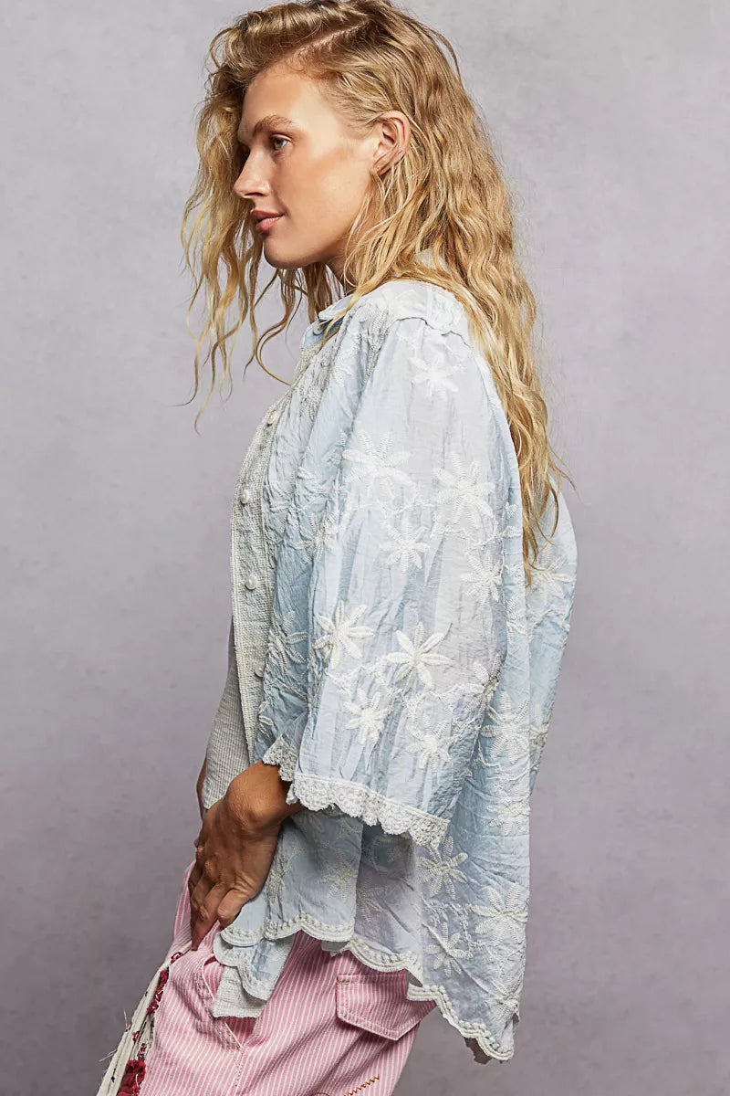 POL Embroidered Floral Collared Neck Shirt with Scalloped Edges on Simply Obsessed