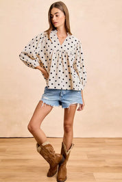 BIBI Polka Dot Corduroy Quarter Sleeves V Neck Blouse on Simply Obsessed