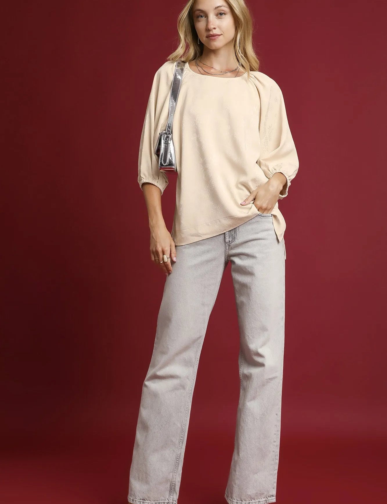Umgee Satin Jacquard Balloon Sleeve Blouse on Simply Obsessed