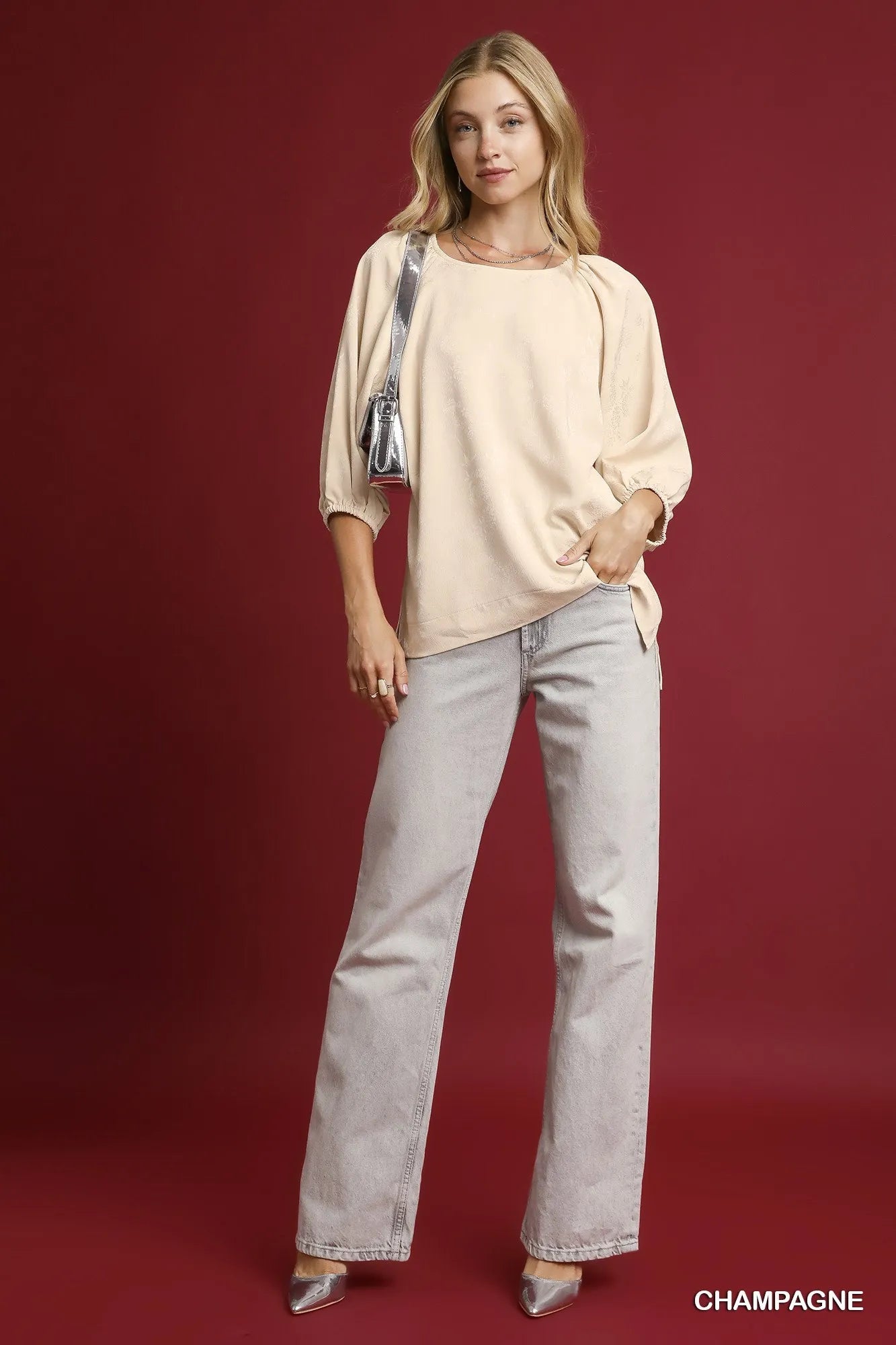 Umgee Satin Jacquard Balloon Sleeve Blouse on Simply Obsessed