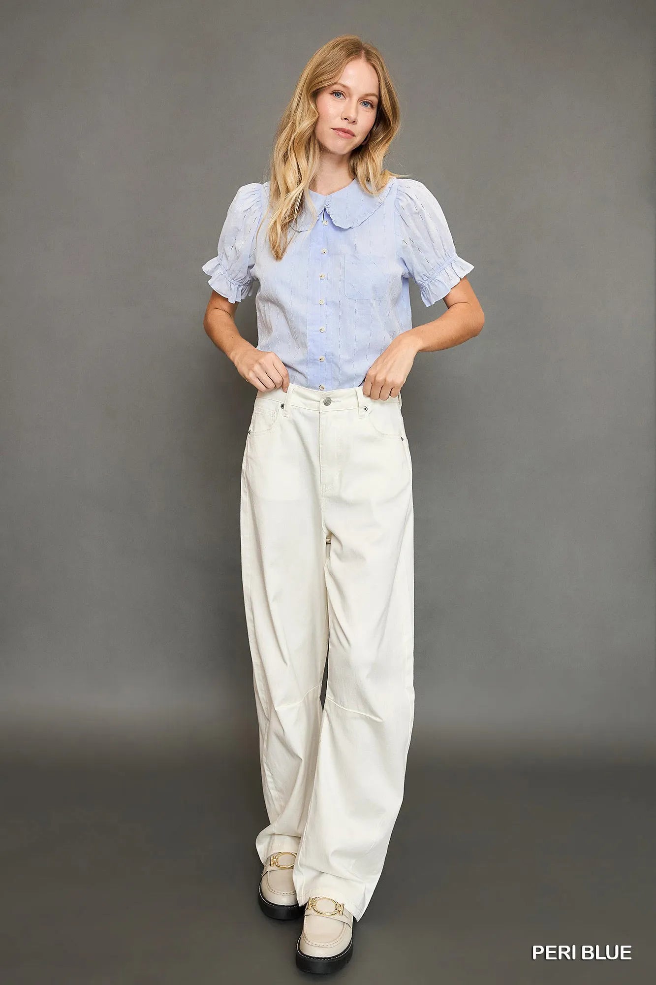 Umgee Peter Pan Collared Button Down Textured Shirt with Ruffled Detail on Simply Obsessed