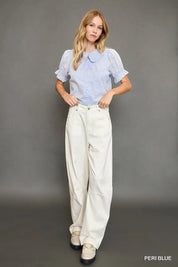 Umgee Peter Pan Collared Button Down Textured Shirt with Ruffled Detail on Simply Obsessed