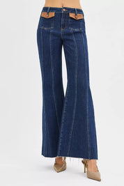 RISEN High Rise Wide Flare Jeans with Front Leather Pocket Detail on Simply Obsessed