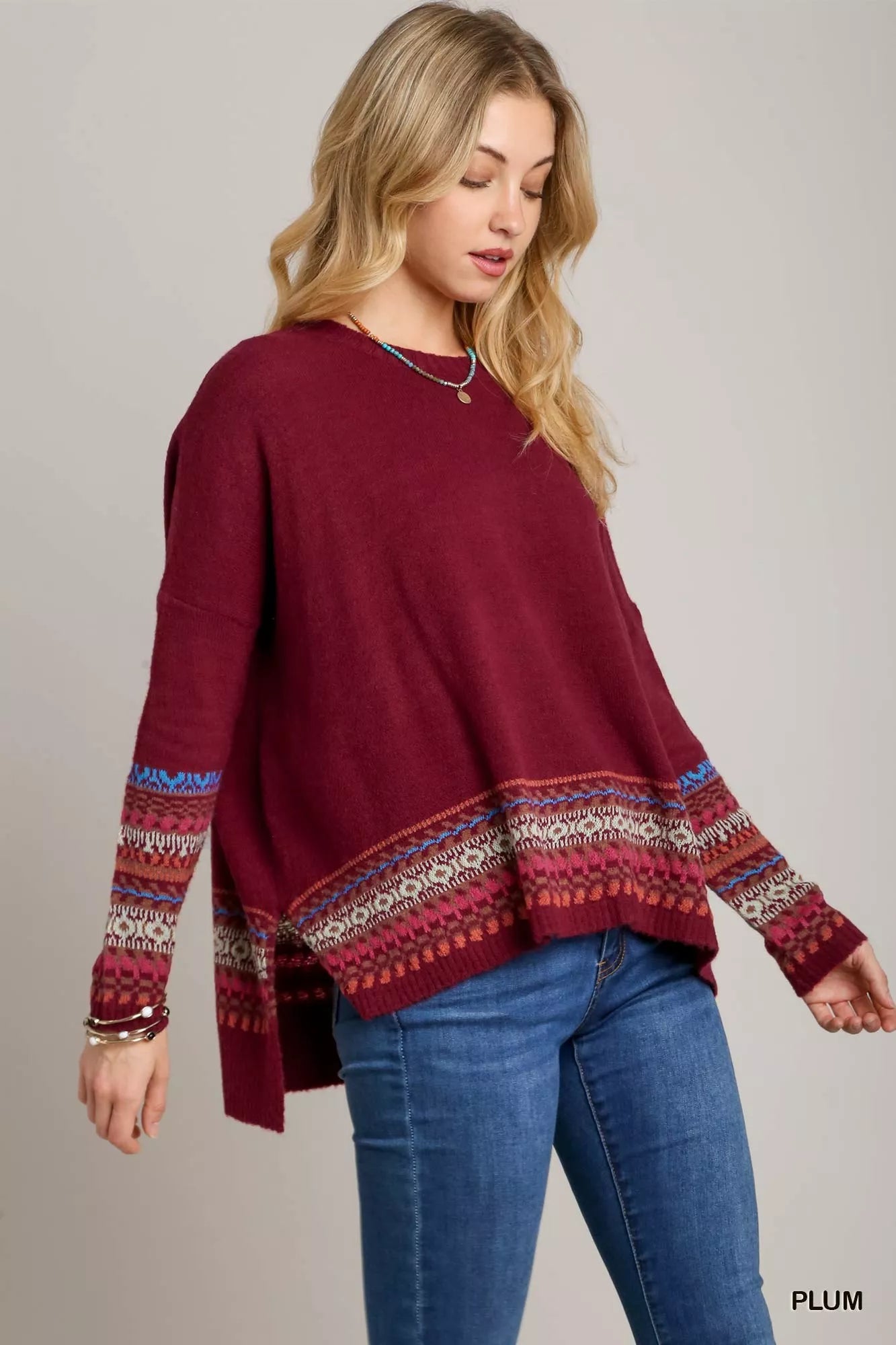UMGEE Long Sleeve Round Neck Knit Top with Side Slits and Stitch Detail on Simply Obsessed