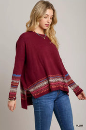 UMGEE Long Sleeve Round Neck Knit Top with Side Slits and Stitch Detail on Simply Obsessed