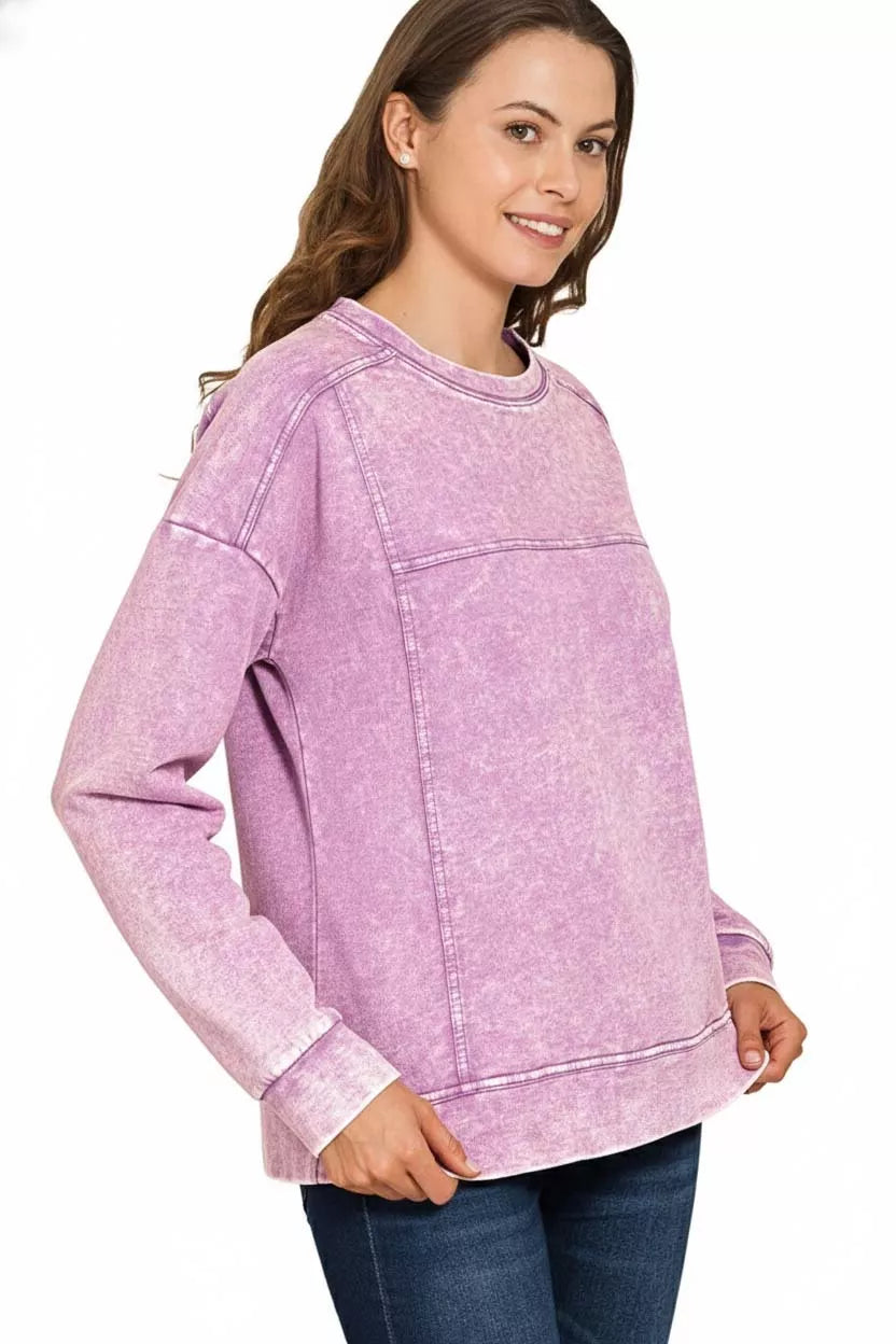 Zenana Acid Wash French Terry Exposed-Seam Pullover on Simply Obsessed