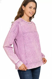 Zenana Acid Wash French Terry Exposed-Seam Pullover on Simply Obsessed