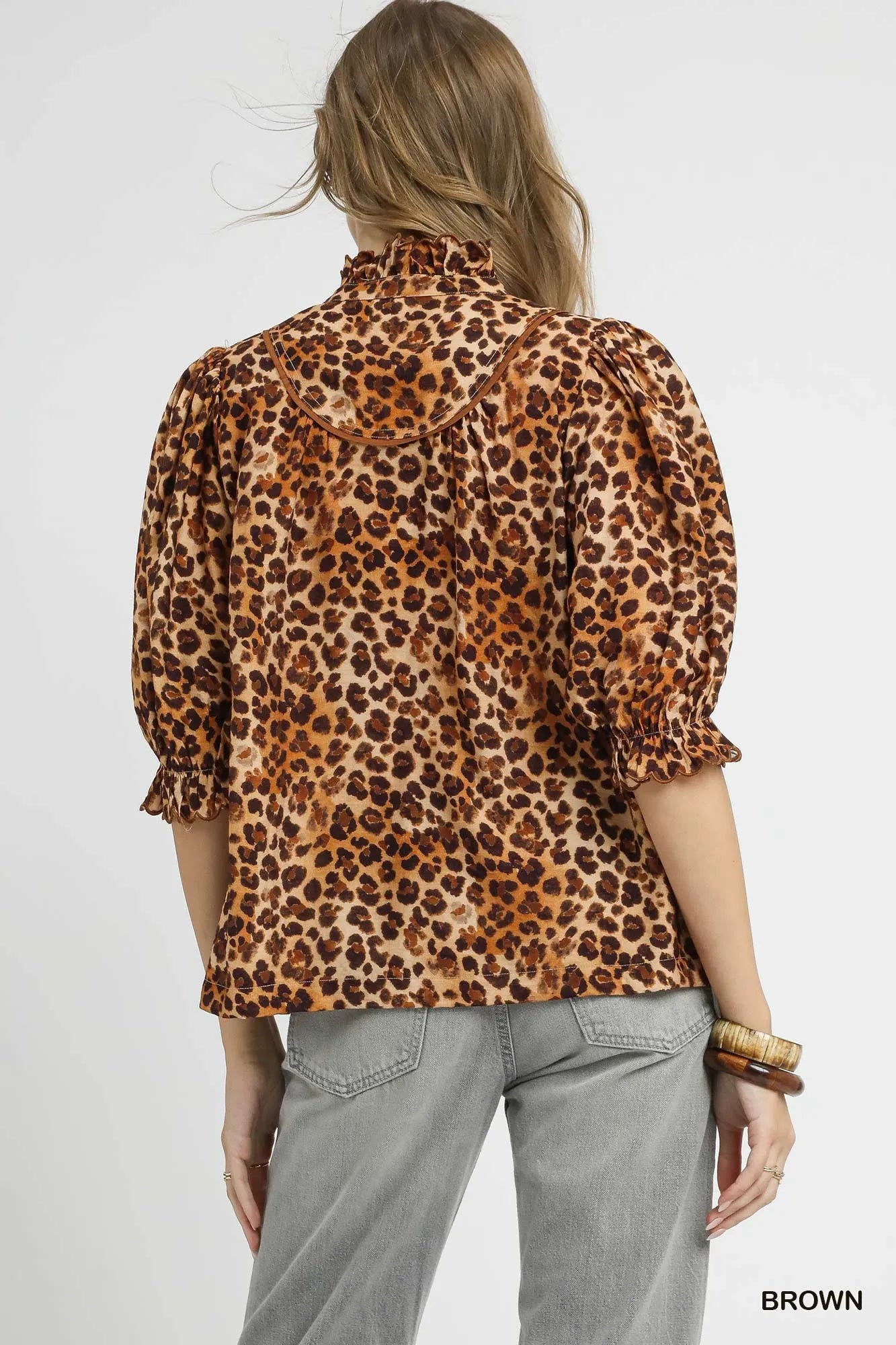 UMGEE Full Size Leopard Print Ruffle Neck Blouse Plus Size **FALL DEBUT SALE** on Simply Obsessed