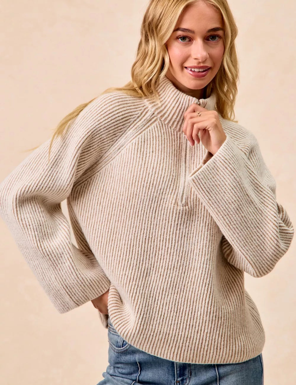 BiBi Two Tone Rib Texured Knit Collared Top with Zip Up on Simply Obsessed