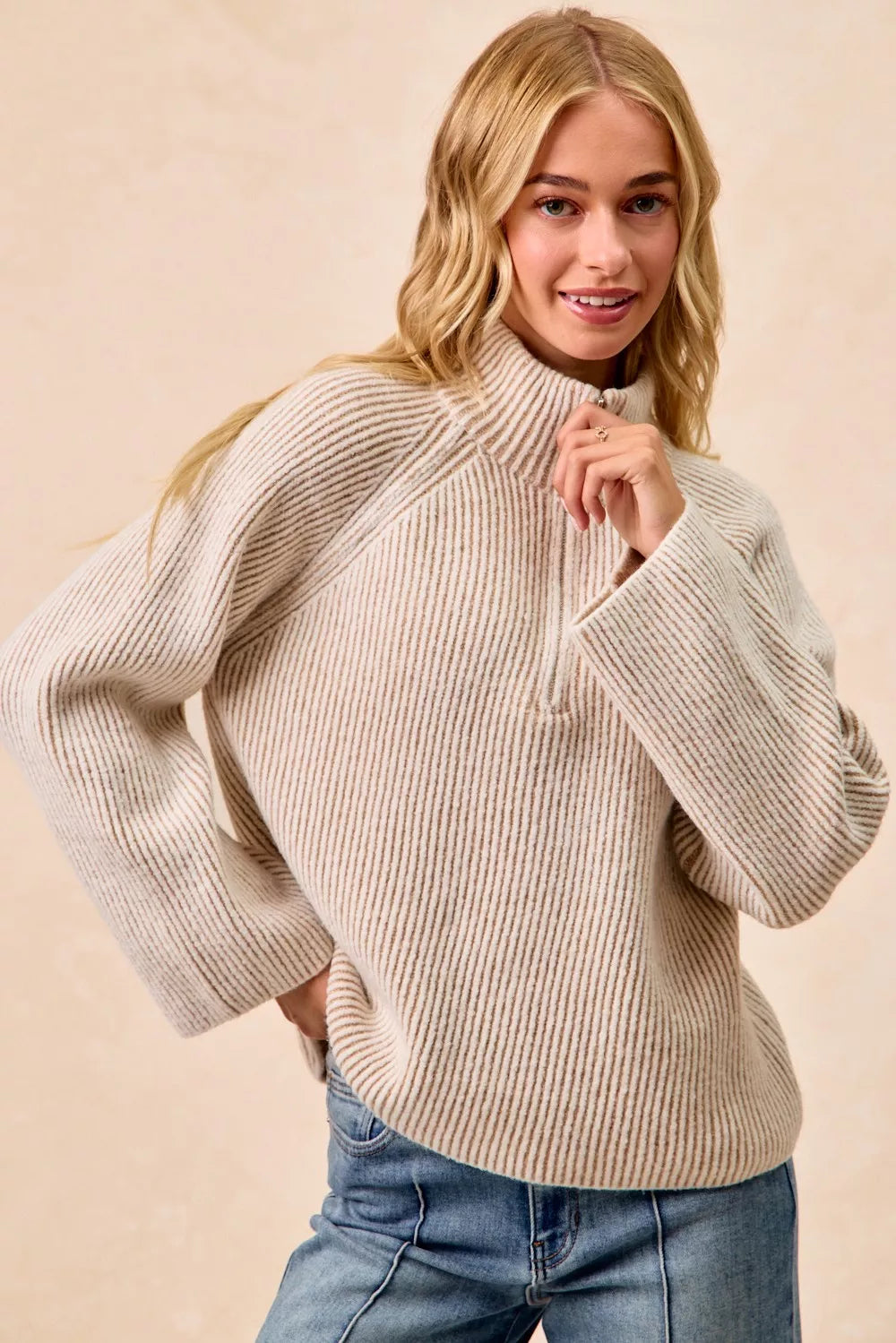 BiBi Two Tone Rib Texured Knit Collared Top with Zip Up on Simply Obsessed