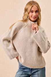 BiBi Two Tone Rib Texured Knit Collared Top with Zip Up on Simply Obsessed