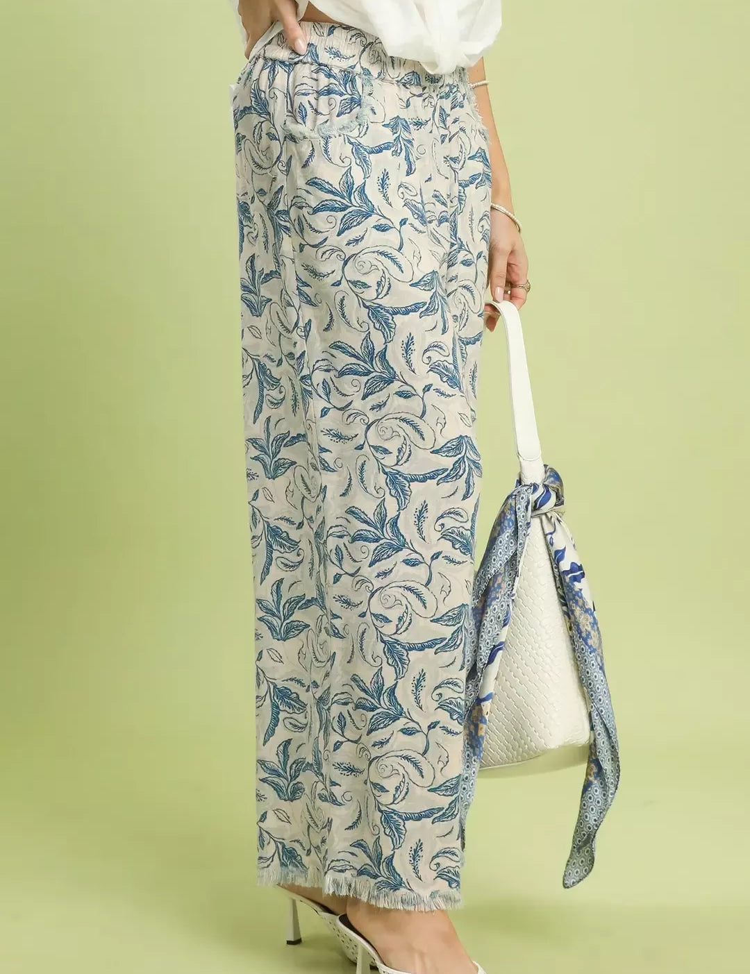 UMGEE Linen Printed Wide Leg Raw Hem Pants on Simply Obsessed