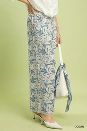 UMGEE Linen Printed Wide Leg Raw Hem Pants on Simply Obsessed