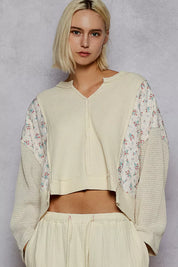 POL Mix Thermal Floral Pattern Quilted Knit Cropped Top with Raw Edge Detail on Simply Obsessed
