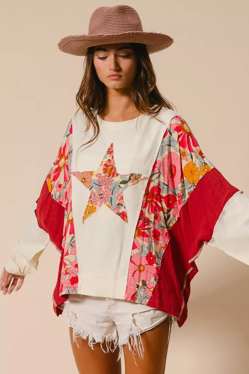 BIBI Floral Print Mixed Star Patch Round Neck Sweatshirt on Simply Obsessed