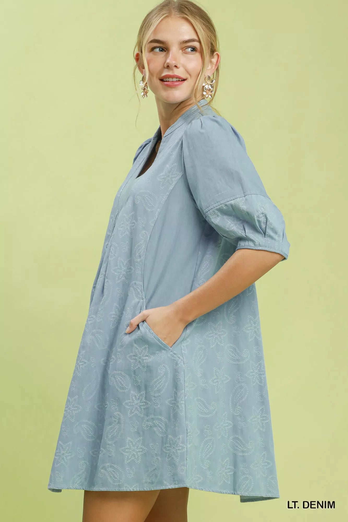 UMGEE Print Denim Dress with Contrast Stitch on Simply Obsessed