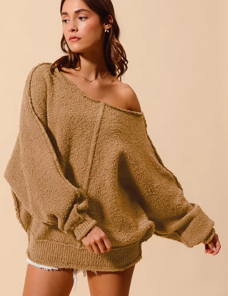 SO ME Loose Fit Exposed Seam Slouchy Boucle Sweater on Simply Obsessed