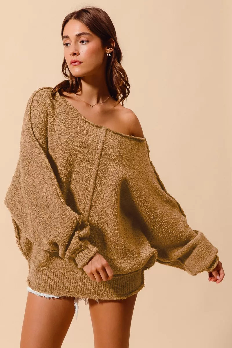 SO ME Loose Fit Exposed Seam Slouchy Boucle Sweater on Simply Obsessed