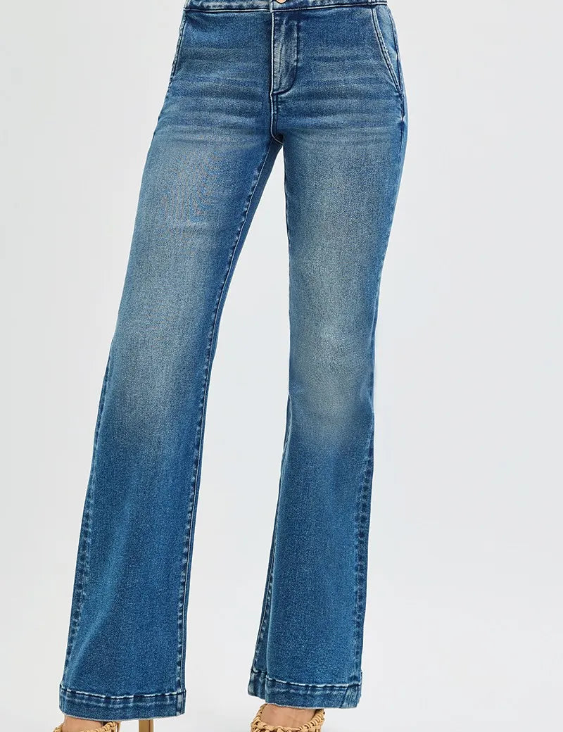 RISEN Full Size Tummy Control High Rise Bootcut Jeans with Double Button Waistband Plus Size on Simply Obsessed