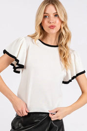 Mittoshop Contrast Trim Ruffled Cap Sleeve Knit Top on Simply Obsessed