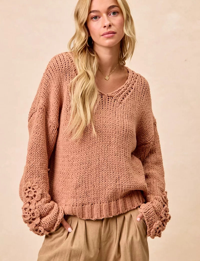 BiBi Chunky Knit Sweater with Flower Detail Sleeves on Simply Obsessed