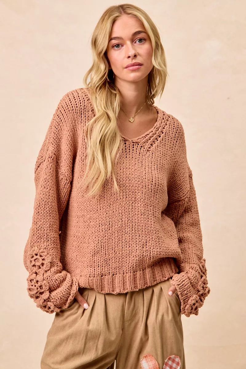 BiBi Chunky Knit Sweater with Flower Detail Sleeves on Simply Obsessed