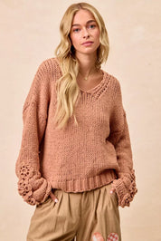 BiBi Chunky Knit Sweater with Flower Detail Sleeves on Simply Obsessed