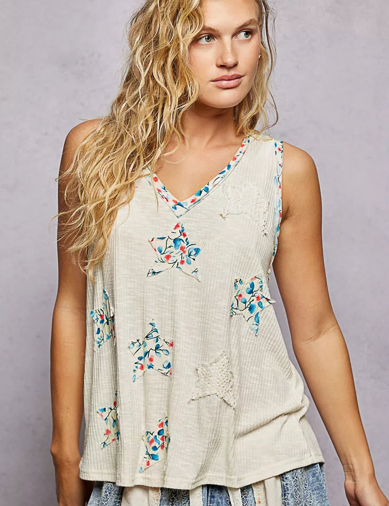 POL Floral Print Star Patch V-Neck Ribbed Tank on Simply Obsessed