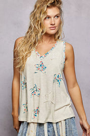 POL Floral Print Star Patch V-Neck Ribbed Tank on Simply Obsessed