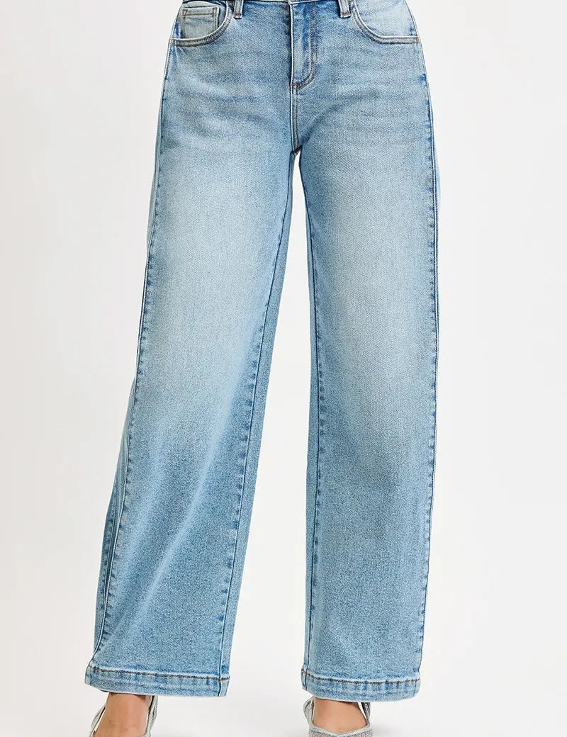 RISEN Mid Rise Wide Barrel Transferable Leg Snap Jeans on Simply Obsessed