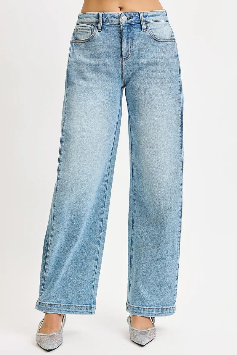 RISEN Mid Rise Wide Barrel Transferable Leg Snap Jeans on Simply Obsessed