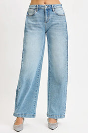 RISEN Mid Rise Wide Barrel Transferable Leg Snap Jeans on Simply Obsessed