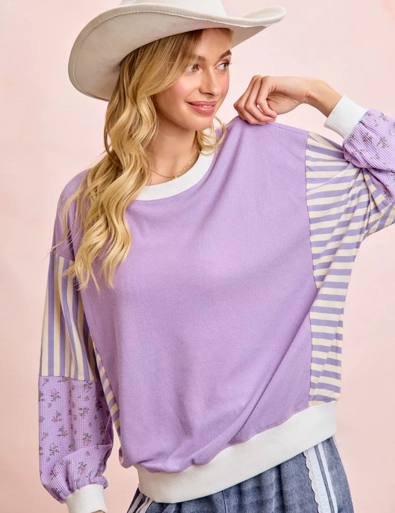 BiBi Mix and Match Sweatshirt with Floral Sleeve Striped on Simply Obsessed