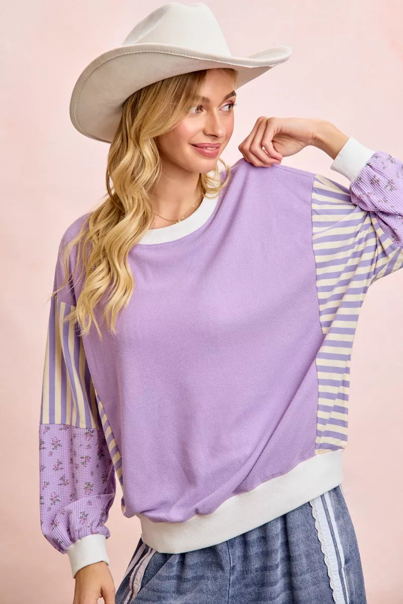 BiBi Mix and Match Sweatshirt with Floral Sleeve Striped on Simply Obsessed