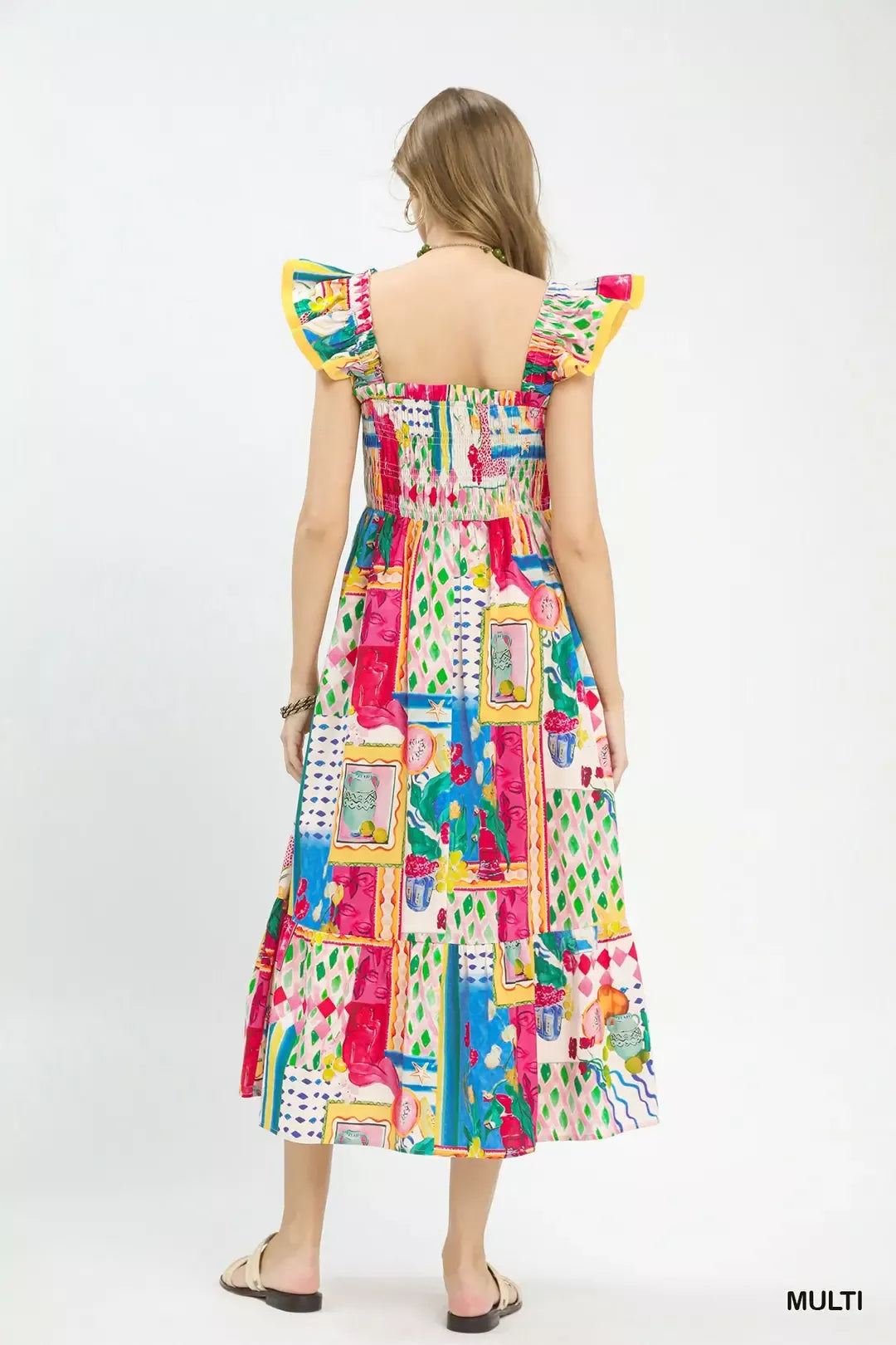 UMGEE Abstract Print Smocked Ruffle Sleeve Tiered Midi Dress on Simply Obsessed