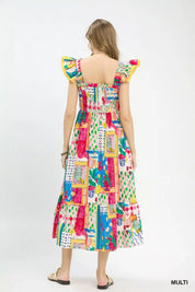 UMGEE Abstract Print Smocked Ruffle Sleeve Tiered Midi Dress on Simply Obsessed