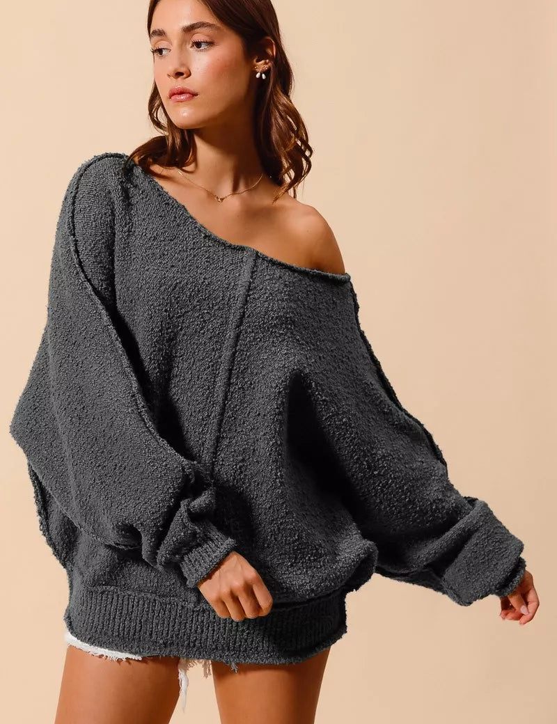 SO ME Loose Fit Exposed Seam Slouchy Boucle Sweater on Simply Obsessed