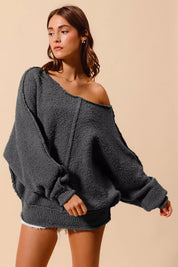 SO ME Loose Fit Exposed Seam Slouchy Boucle Sweater on Simply Obsessed