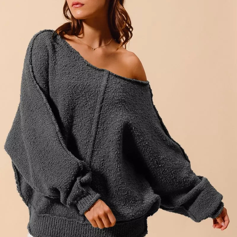 SO ME Loose Fit Exposed Seam Slouchy Boucle Sweater on Simply Obsessed