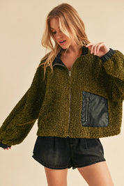 Aemi + Co Collared Neck Zip Up Sherpa Jacket on Simply Obsessed