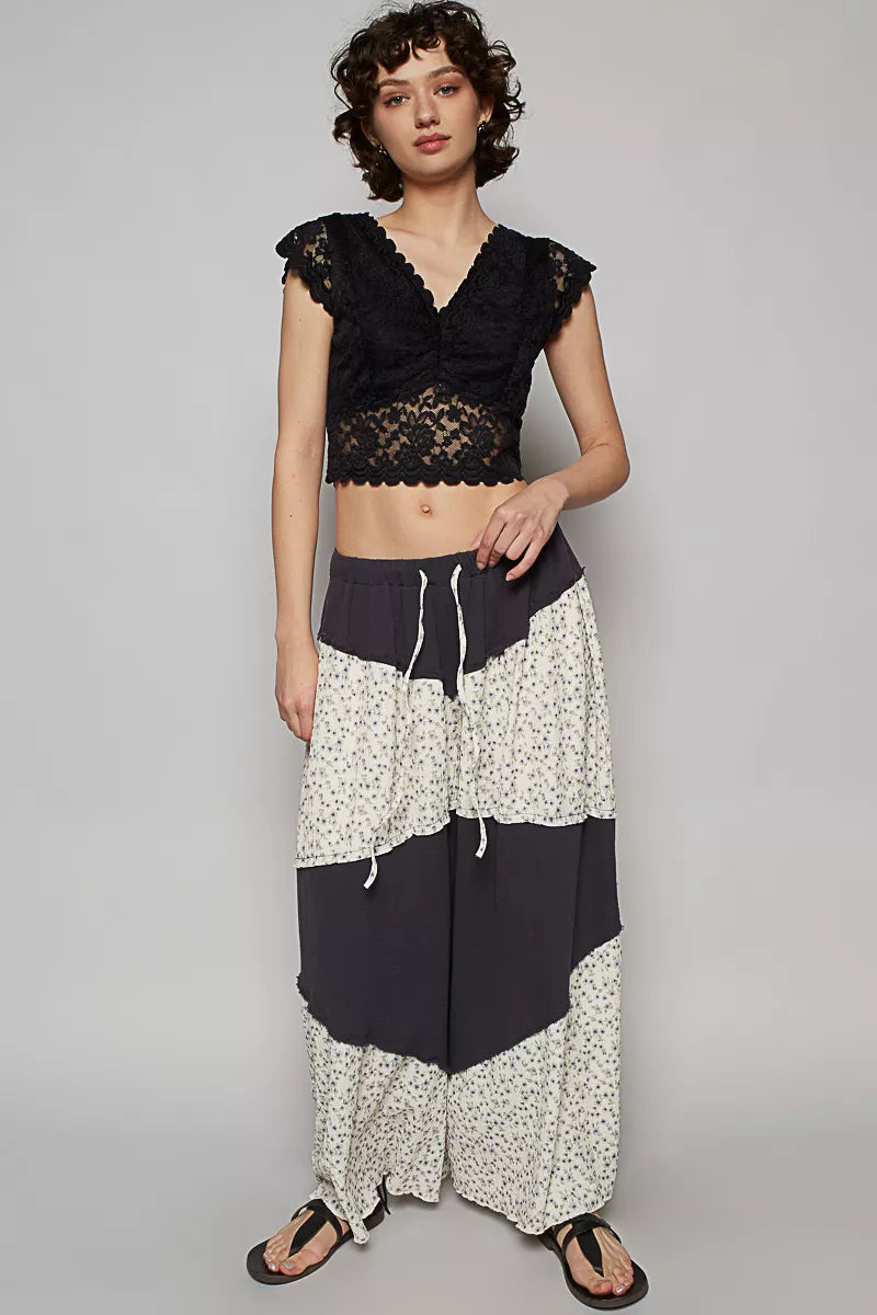 POL Contrast Floral Drawstring Wide Leg Pants on Simply Obsessed