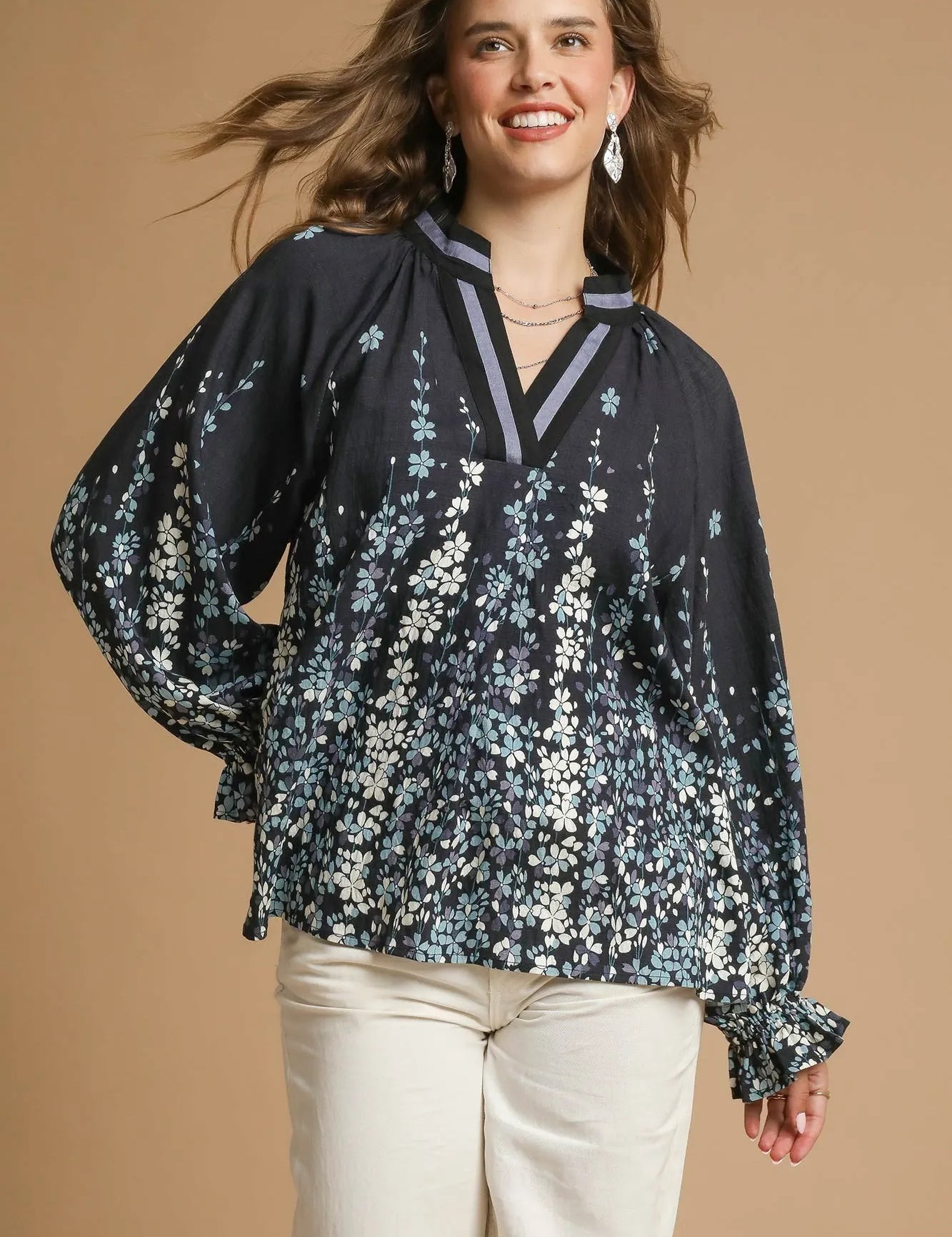 Umgee Full Size Floral Vine Print Blouse with Balloon Sleeves Plus Size on Simply Obsessed